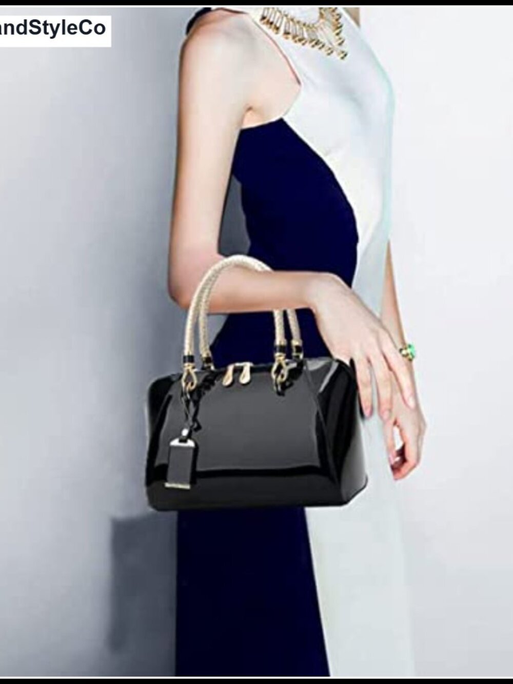 Shiny Patent Faux Leather Satchel Crossbody Bag Top Handle Purse - Picture 2 of 6